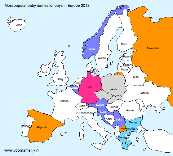 Populairste meisjesnamen in landen in Europa